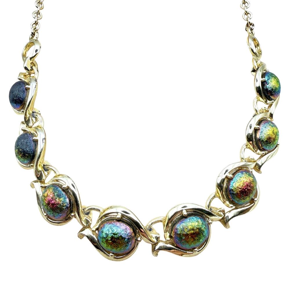 Vintage 1950s Gold Tone Iridescent Art Glass Cabochon Scroll Link Necklace MCM